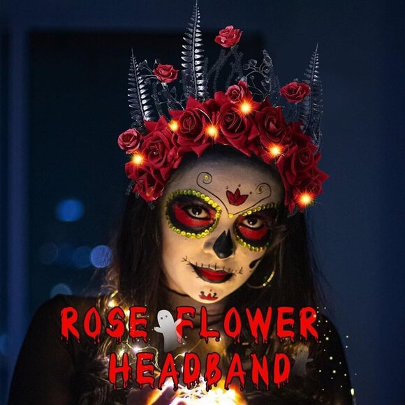 Halloween Light Up Headband Rose Flower Black Floral Day of the Dead Costume Acc